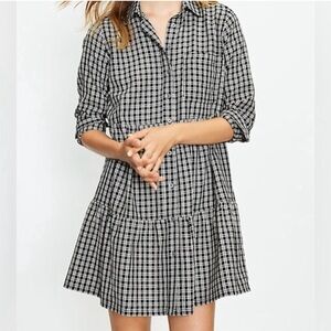 NWT LOFT Plaid Tiered Swing Dress Black Cream XXL